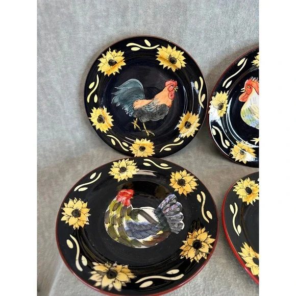Set of 4 Rooster Sunflower Salad Plates Dark Blue Red Rim‎ Farmhouse  Decor - Picture 8 of 9